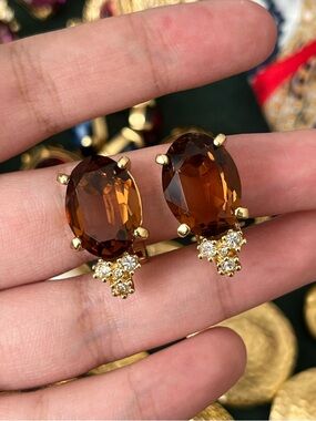 Vintage Christian Dior Classic Crystal Oval Brown Rhinestone Gold Clip Earrings